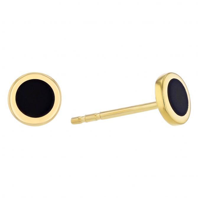 Black Enamel Disc Small Stud Earrings in Yellow Gold