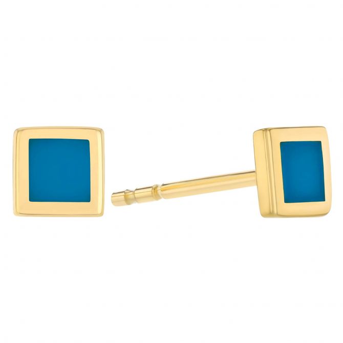 Turquoise Enamel Square Small Stud Earrings in Yellow Gold