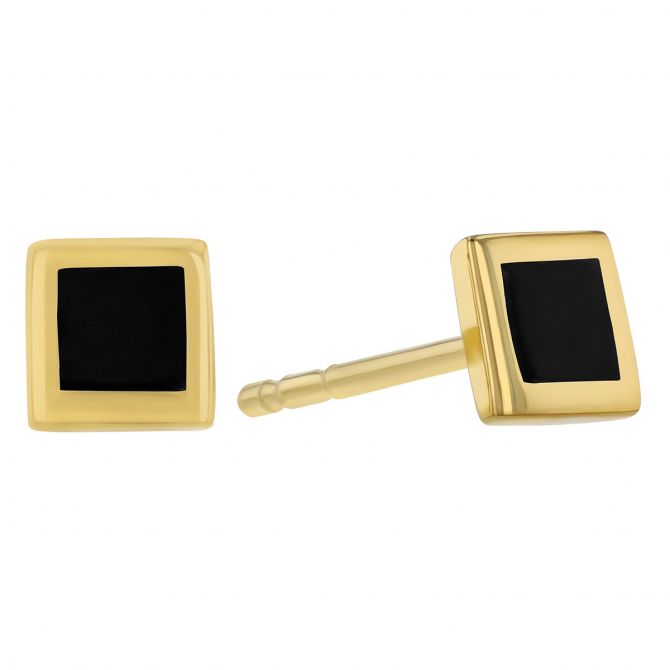 Dainty Black Enamel Square Stud Earrings in Yellow Gold