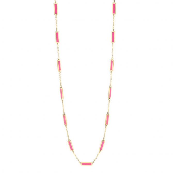 Frederic Sage Pink Enamel Bar Station Necklace in Yellow Gold, 18"