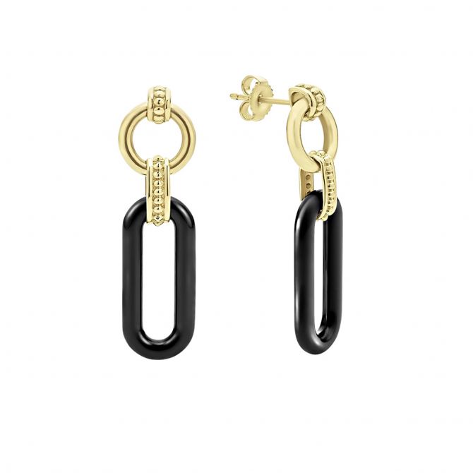 LAGOS Signature Caviar 18K Gold and Black Ceramic Link Drop Earrings