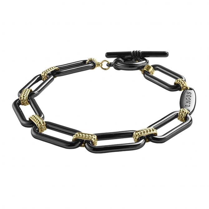 LAGOS Signature Caviar 18K Gold and Black Ceramic Link Bracelet, 7"