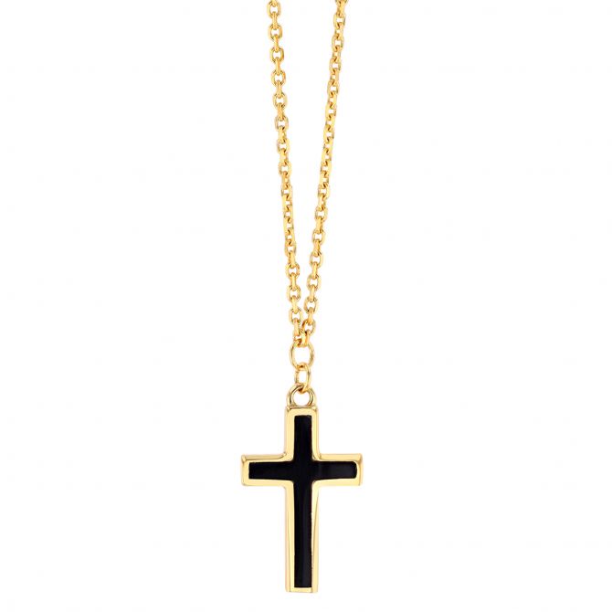 Black Enamel Cross Pendant in Yellow Gold, 18"