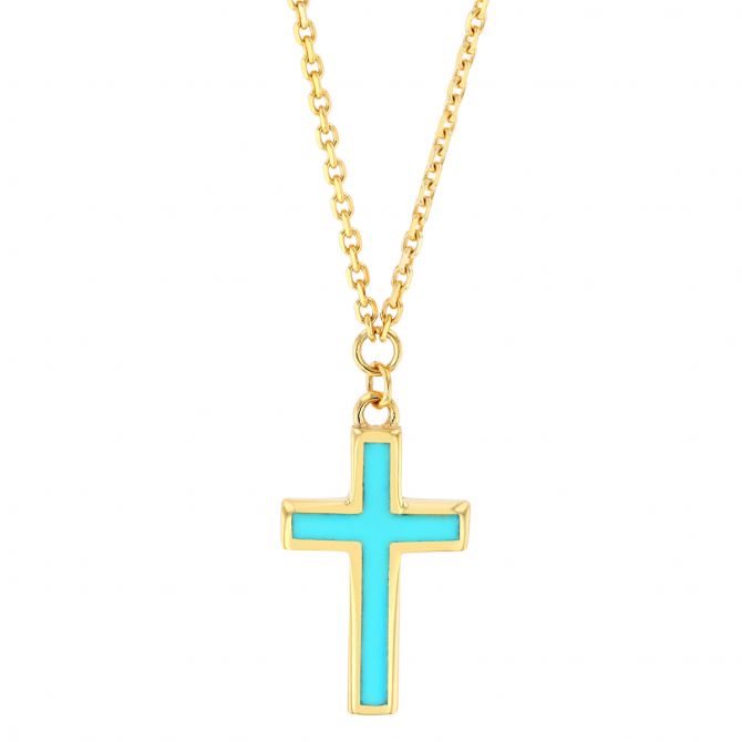 Blue Enamel Cross Pendant in Yellow Gold, 18"