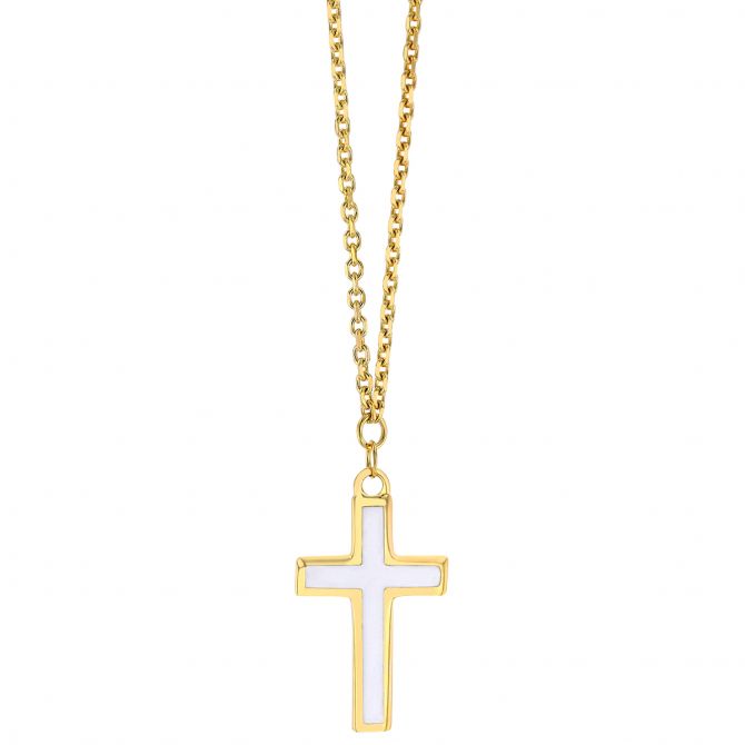 White Enamel Cross Pendant in Yellow Gold, 18"