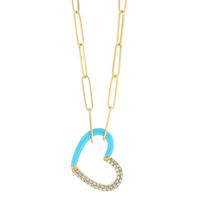 Diamond Pavé & Blue Enamel Open Heart Pendant in Yellow Gold, 18"