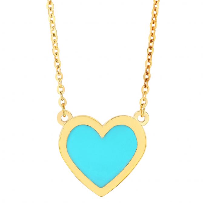 Blue Enamel Heart Pendant in Yellow Gold, 18"