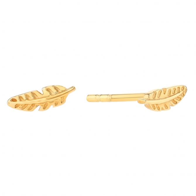 Yellow Gold Dainty Feather Stud Earrings