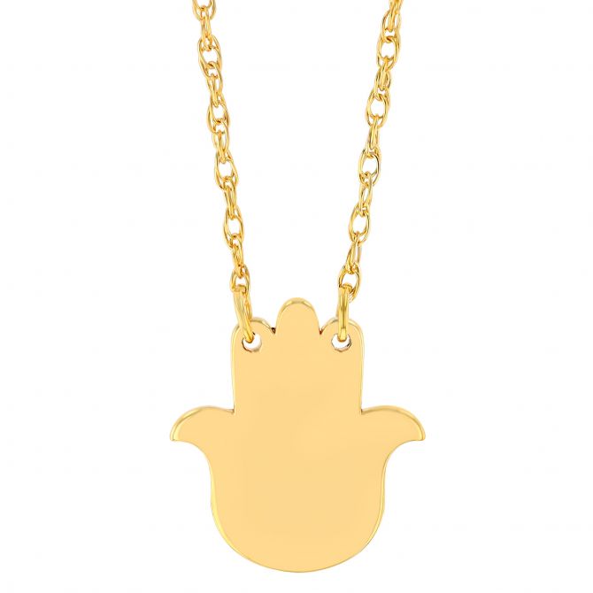 Yellow Gold Solid Hamsa Pendant, 18"