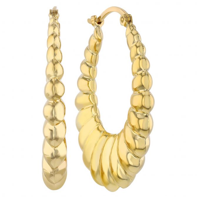 Yellow Gold Oblong Puff Design Hoop Earrings