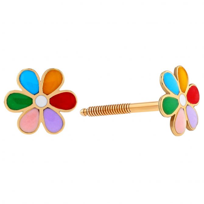 Children's Multicolored Resin Flower Stud Earrings in Yellow Gold