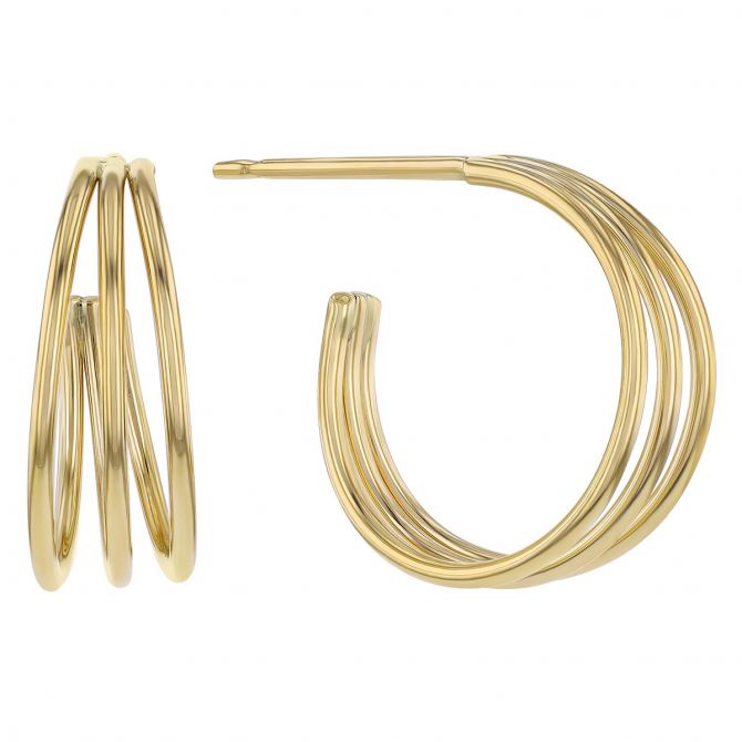 Yellow Gold Triple Hoop Earrings, 12 mm