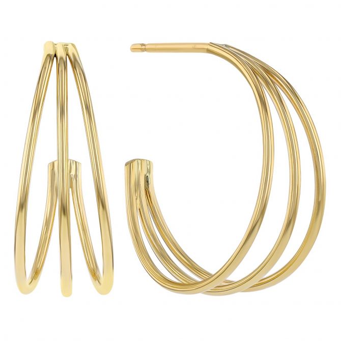 Yellow Gold Triple Hoop Earrings, 17 mm