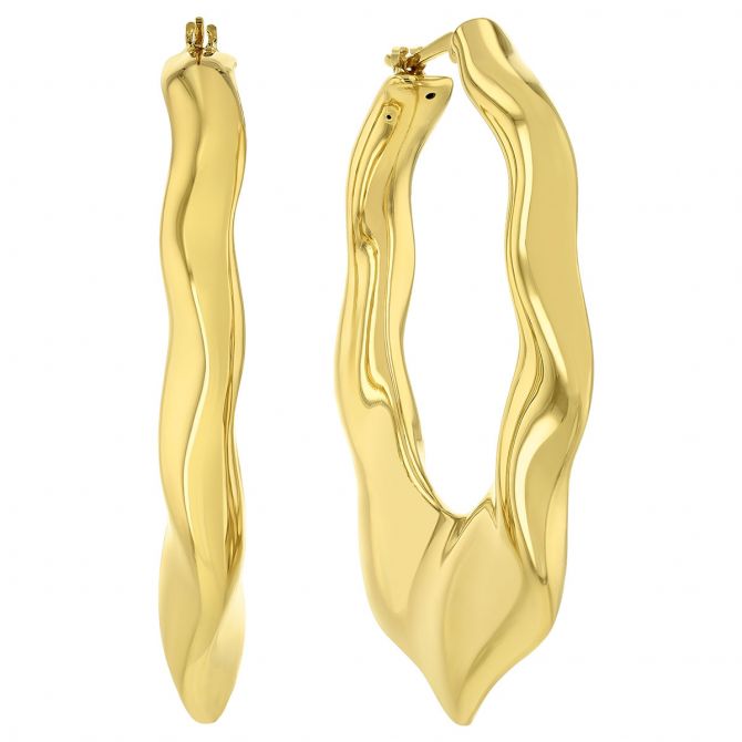 Yellow Gold Wavy Oval Hoop Earrings