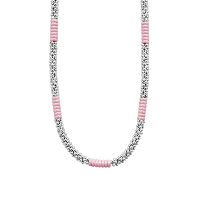 Lagos Pink Caviar Pink Silver Station Ceramic 5mm Beaded Necklace, 16"