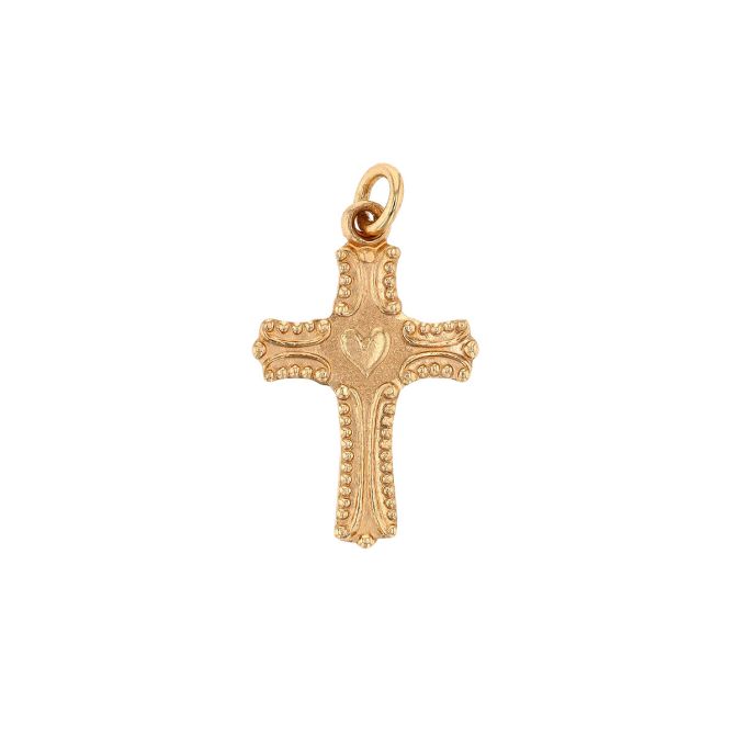 Yellow Gold Mini Heart & Milgrain Cross Charm