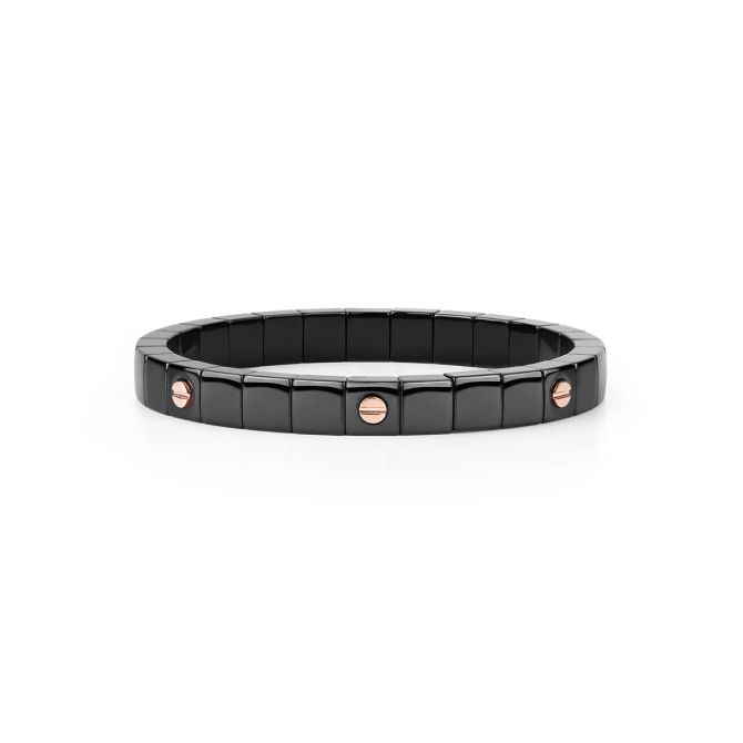 Demeglio Scacco Rose Gold Dot Station Stretch Bracelet in Black Ceramic