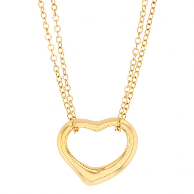 Yellow Gold Open Heart Double Strand Necklace, 18"