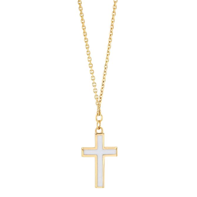 White Enamel Cross Pendant in Yellow Gold, 18"