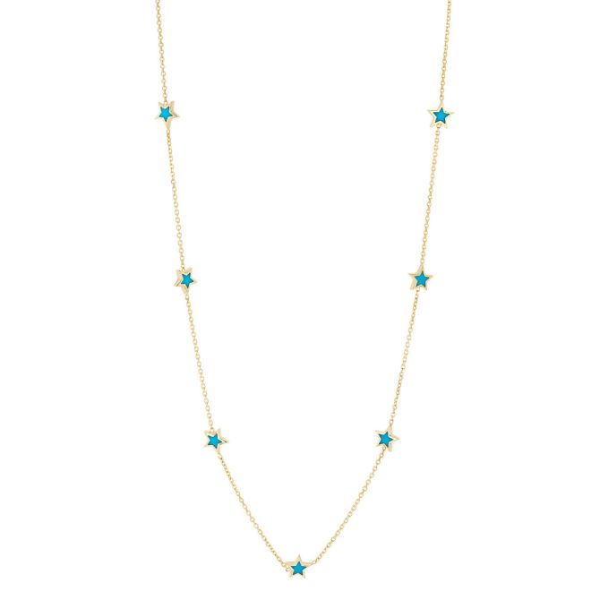 Blue Enamel Star Station Necklace in Yellow Gold, 18"