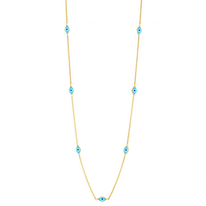 Blue Enamel Evil Eye Station Necklace in Yellow Gold, 18"