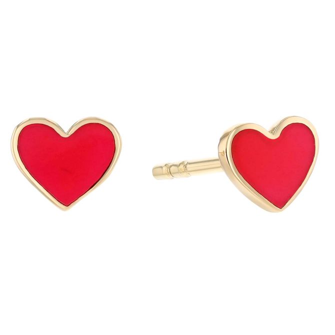 Pink Enamel Heart Stud Earrings in Yellow Gold