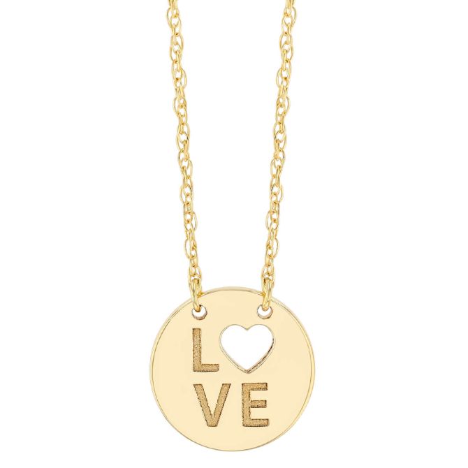 Yellow Gold Dainty Love Cutout Circle Pendant, 18"