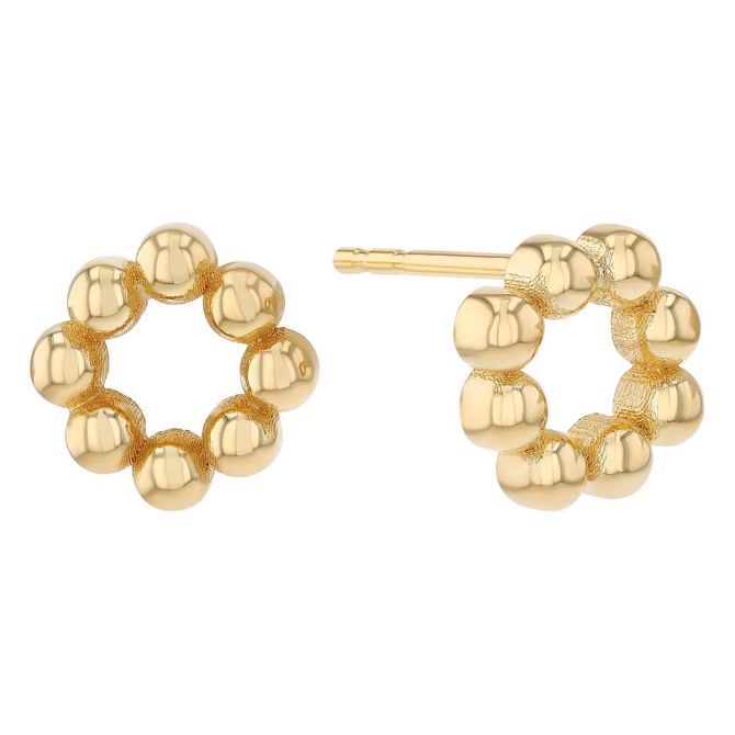 SOLID 14Kt YELLOW GOLD 3D Beaded top Circle Stud Earrings