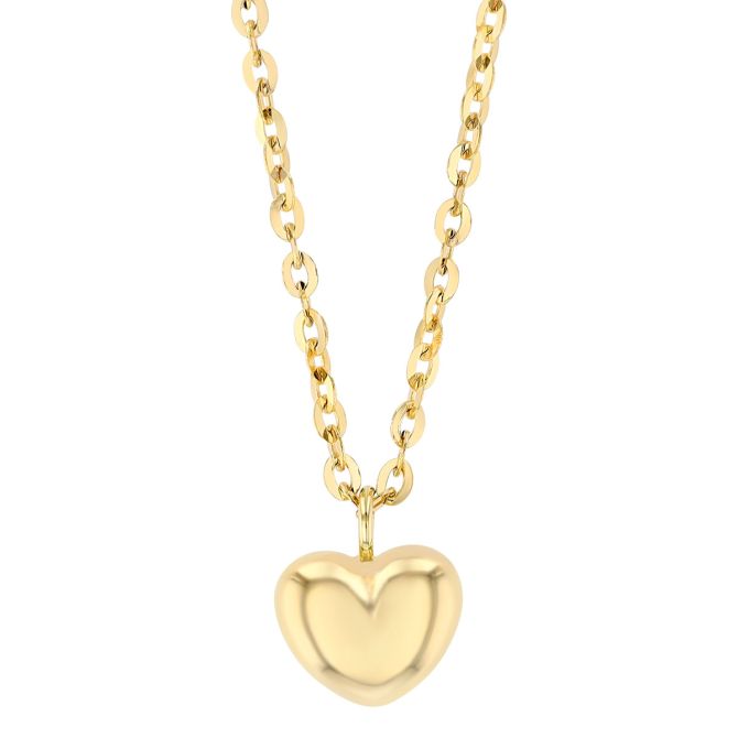 Yellow Gold Dainty Puffed Heart Pendant, 15"