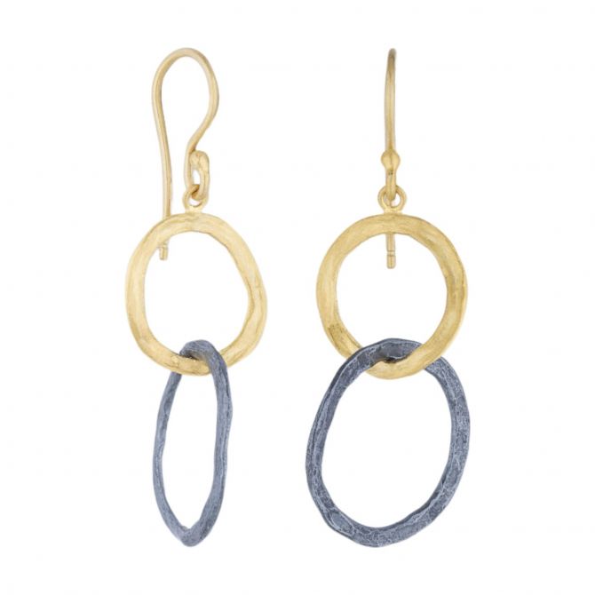 Lika Behar Bubbles Oxidized Silver & Yellow Gold Double Open Circle Dangle Earrings