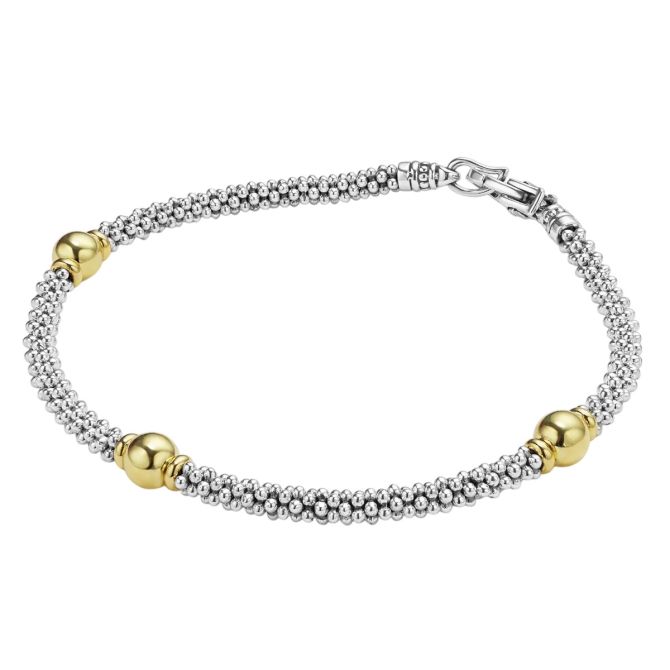 Lagos Signature Caviar Two-Tone 3mm Station Bracelet, Large