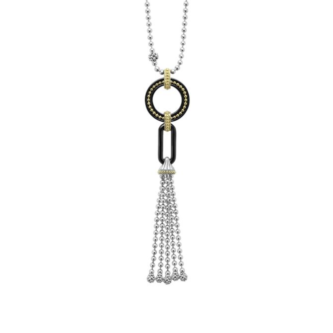 Lagos Black Caviar Two-Tone Tassel Pendant Necklace, Black Ceramic