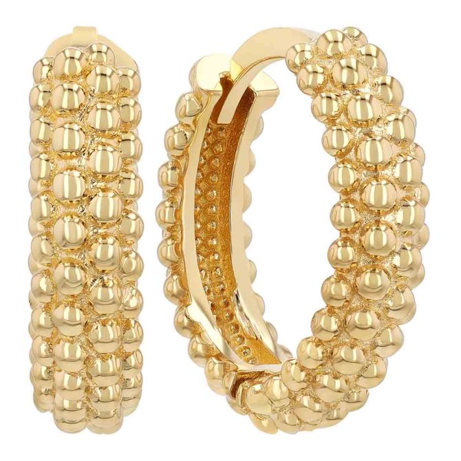 Yellow Gold Bead Textured Hoop Earrings