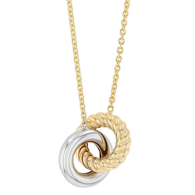 Yellow & White Gold Textured Interlocking Circles Necklace, 18"