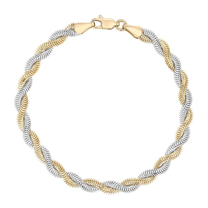 Yellow & White Gold Snake Twist Chain Bracelet, 2.6 mm, 7.25"