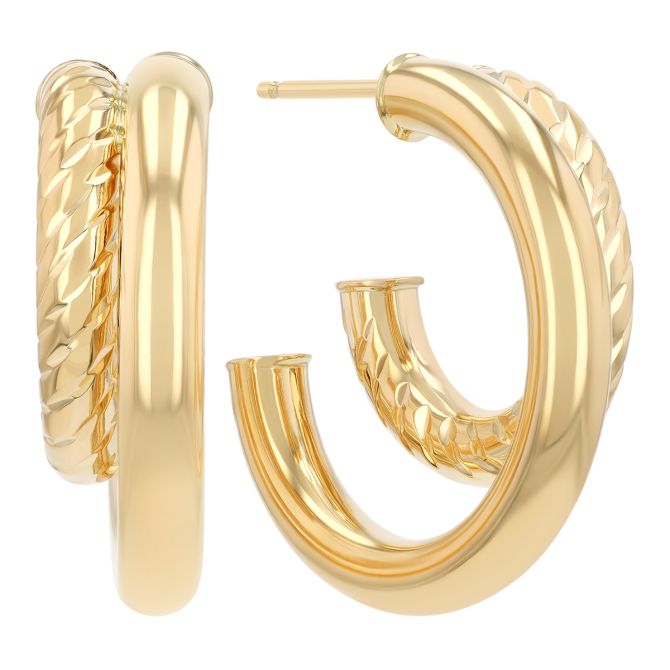 Yellow Gold Textured Double Hoop Earrings