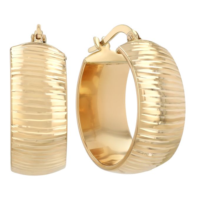 Yellow Gold Ribbed Texture Wide Huggie Hoop Earrings