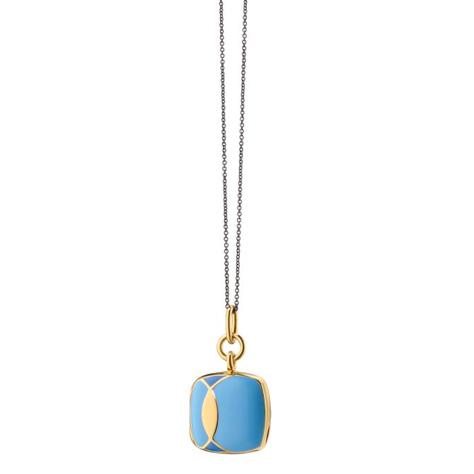 Monica Rich Kosann Blue Enamel Cushion Locket Necklace in Yellow Gold Vermeil, 17"