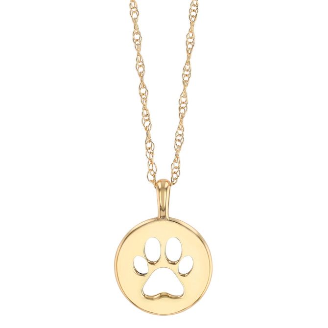 Yellow Gold Pawprint Cutout Disc Pendant, 18"