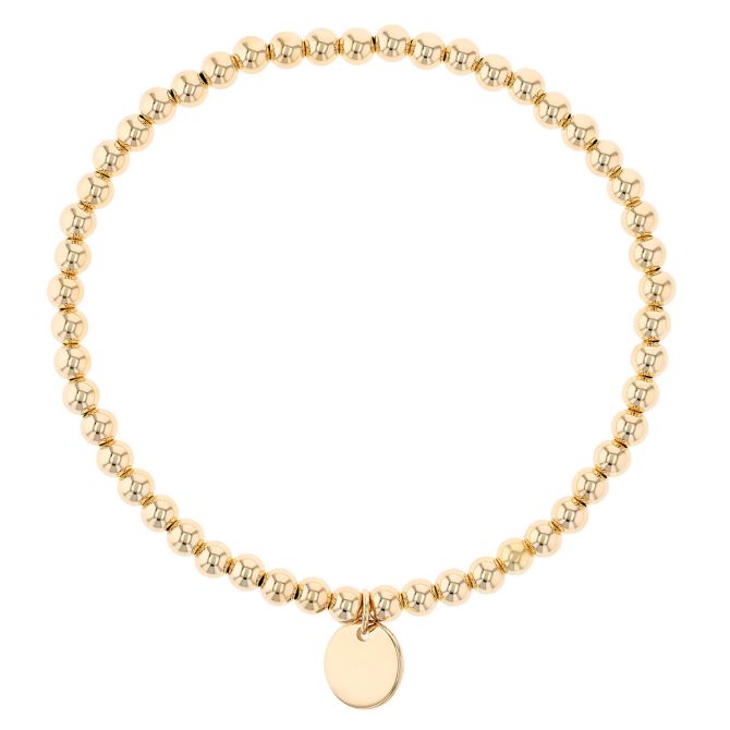 Yellow Gold Oval Disc Charm Ball Bead Stretch Bracelet