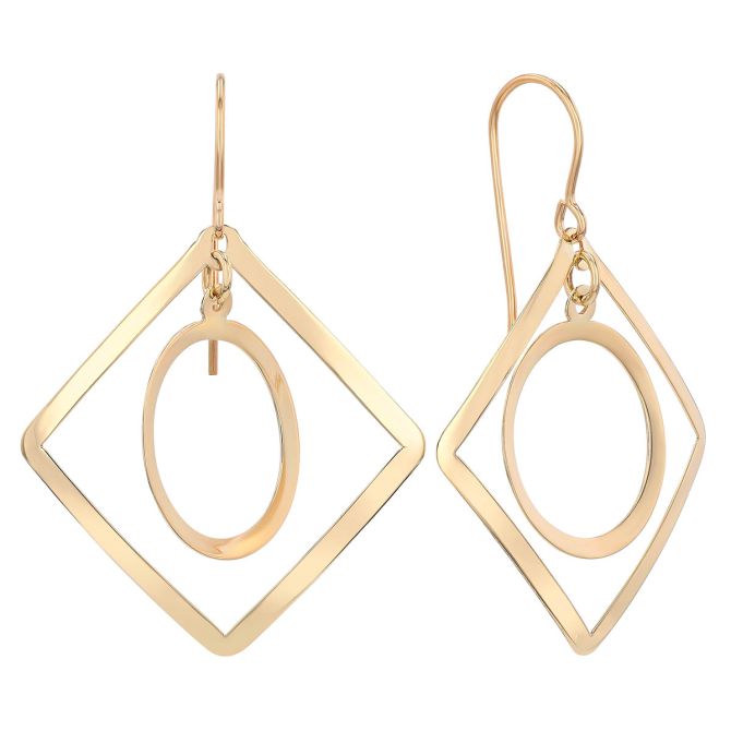 Yellow Gold Open Square & Oval Dangle Earrings