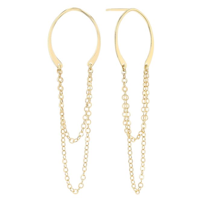 Yellow Gold Horseshoe & Double Chain Dangle Earrings