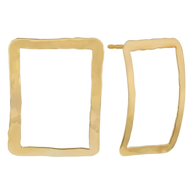 Yellow Gold Hammered Curved Open Rectangle Post Earrings