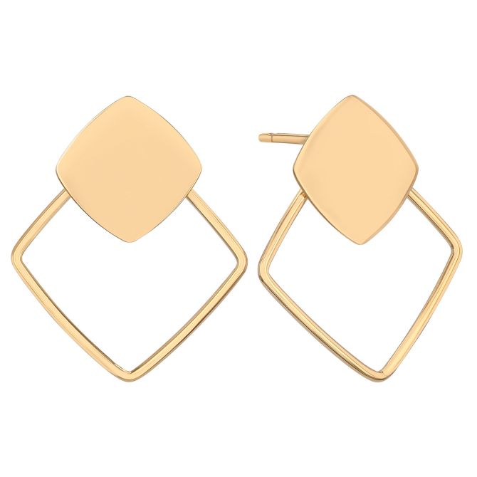 Yellow Gold Open & Flat Double Square Post Earrings