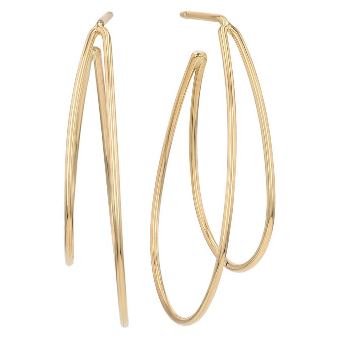 Yellow Gold Long Double Wire Open Hoop Earrings