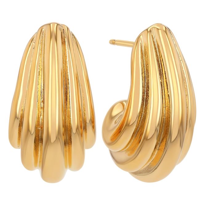 Yellow Gold Ribbed Curved Open Hoop Earrings