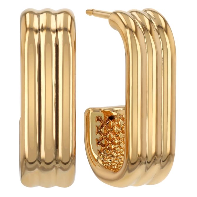 Yellow Gold Ribbed Oblong Oval Open Hoop Earrings