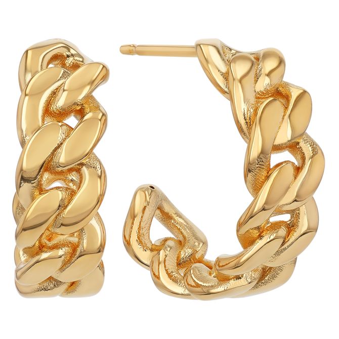 Yellow Gold Cuban Link Open Hoop Earrings