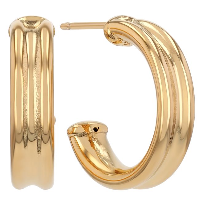 Yellow Gold Ribbed Open Hoop Earrings