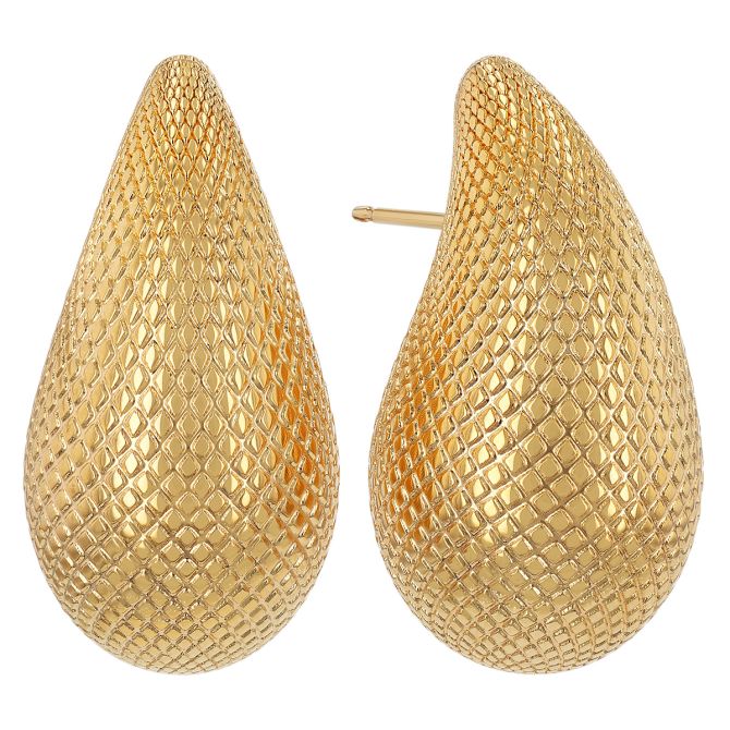 Yellow Gold Snakeskin Texture Puffed Teardrop Post Earrings